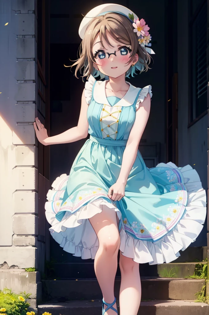 Yo Watanabe, Watanabe Yo, short hair, blue eyes, Brown Hair, smile, blush,Open your mouth,Flower Hair Ornaments,Black-rimmed glasses,Light blue sleeveless dress,Long skirt,Cute heeled sandals,Walking,Daytime,Clear skies,whole bodyがイラストに入るように
break outdoors, Building district,In town,
break looking at viewer, whole body,
break (masterpiece:1.2), Highest quality, High resolution, unity 8k wallpaper, (figure:0.8), (Beautiful attention to detail:1.6), Highly detailed face, Perfect lighting, Highly detailed CG, (Perfect hands, Perfect Anatomy),