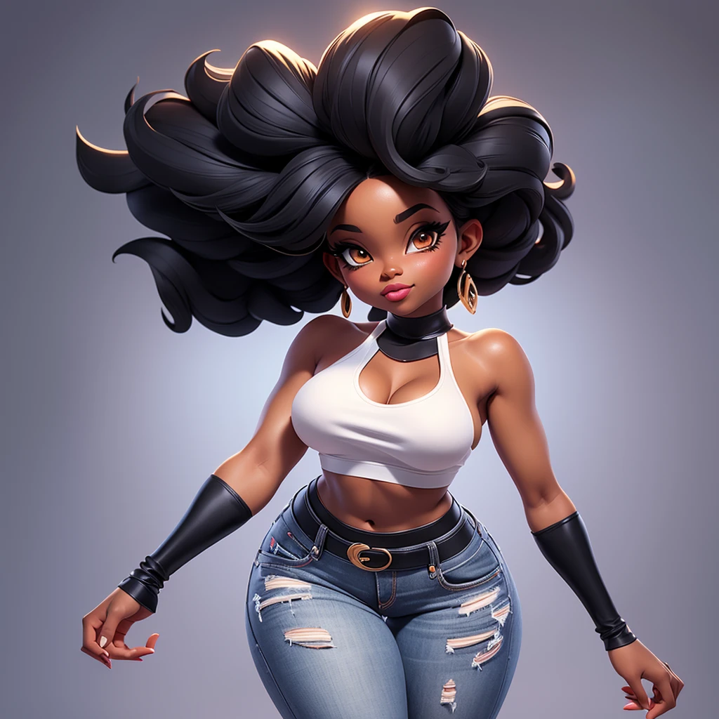 A sexy black woman in beautiful jeans and white crop top posing gracefully for a photo, beauty in jeans, cabelos crespo black power, Waist slender, Sexy black girl, mulher de corpo inteiro, wearing jeans, beautiful seductive black woman, slender figure, cartoon vector style, corpo pin-up, Broad Hips