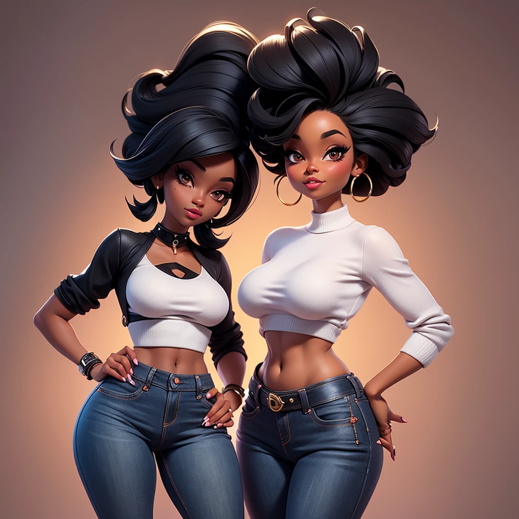  A sexy black woman in beautiful jeans and white crop top posing gracefully for a photo, beauty in jeans, cabelos crespo black power, Waist slender, Sexy black girl, mulher de corpo inteiro, wearing jeans, beautiful seductive black woman, slender figure, cartoon vector style, corpo pin-up, Broad Hips