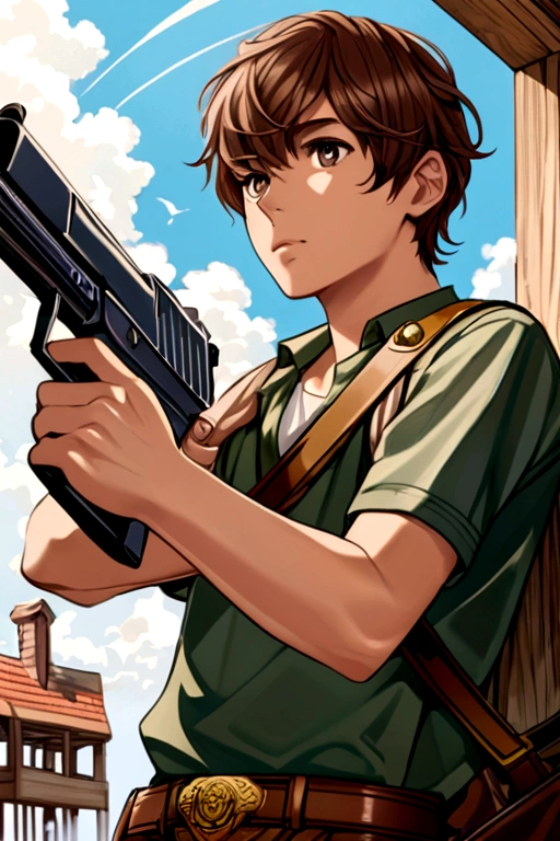 Brown haired boy with a gun in his hand