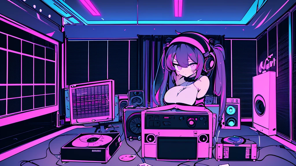 Best quality, (masterpiece), best detail face,1 girl, big breasts, 18 yo, 8k,absurdres,unity 8k wall paper,(extremely detailed:1.3), highest realistic, (retro headphones:), (soft neon light:), (psychedelic), Her room full of music equipment and records, sports wear , See the whole room , black color pallet