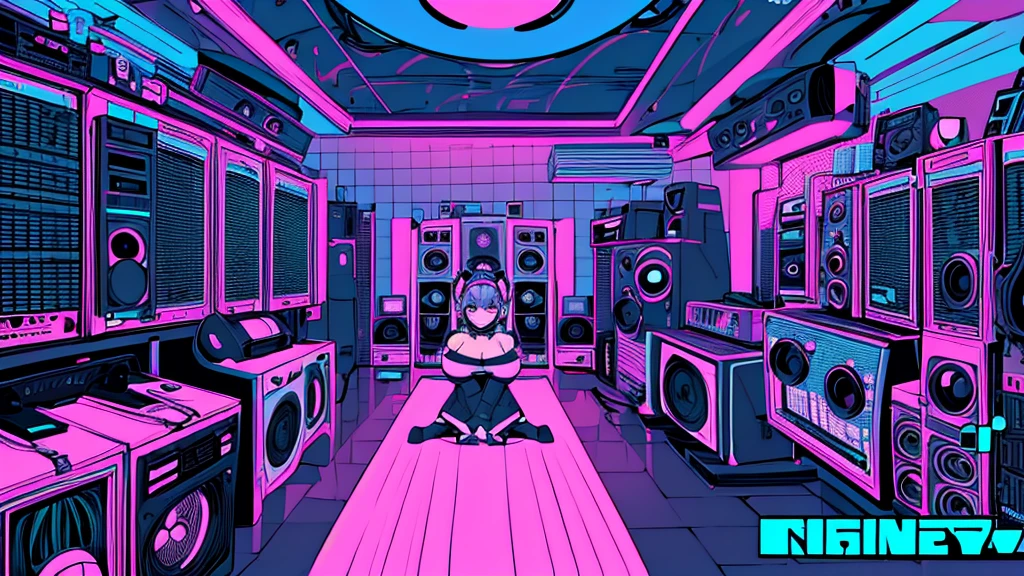 Best quality, (masterpiece), best detail face,1 girl, big breasts, 18 yo, 8k,absurdres,unity 8k wall paper,(extremely detailed:1.3), highest realistic, (retro headphones:), (soft neon light:), (psychedelic), Her room full of music equipment and records, sports wear , See the whole room , black color pallet
