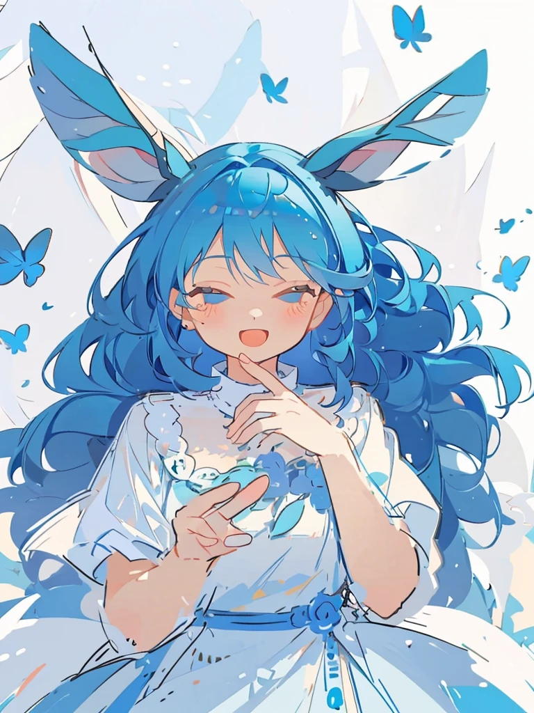 bust-up, 1girl, tosca blue hair, butterfly picking up strands of hair, blue flower, deer ears, white deer antlers, elegant white dress, happy expression, splash cool background, solo, sketch, portrait, dynamic pose