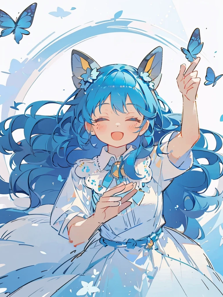 bust-up, 1girl, tosca blue hair, butterfly picking up strands of hair, blue flower, deer ears, white deer antlers, elegant white dress, happy expression, splash cool background, solo, sketch, portrait, dynamic pose