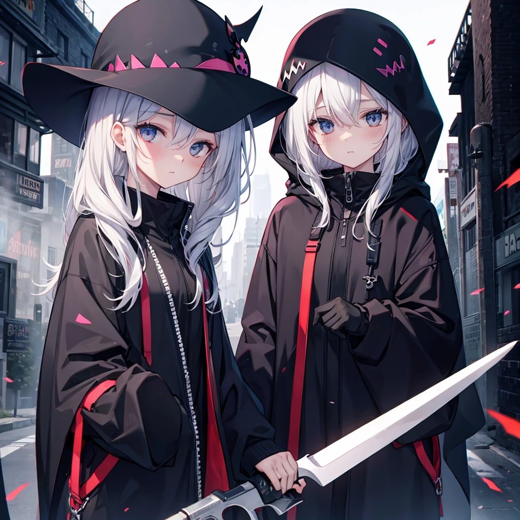 (((grim Reaper's size))) (((Gray Hair short hair blue eyes girl))),((night full moon My own big wings)),(Wearing a hood Black camisole Purple light), A tense look Shining Background Shining Edges