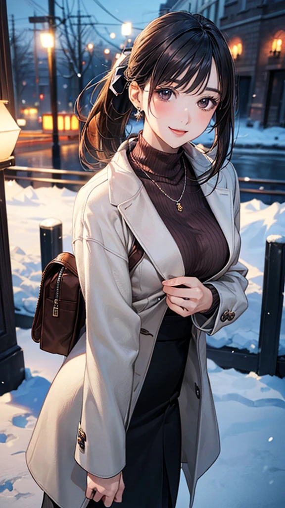 (masterpiece:1.2, Highest quality), (Realistic, photoRealistic:1.4), Beautiful illustrations, (Natural Side Lighting, Cinema Lighting), Browsing Caution,
View your viewers, 1 Girl, Japanese, Beauty、30 years old, Perfect Face, Cute and symmetrical face, Shiny skin, (Perfect Anatomy, Anatomically correct, Highly detailed skin)、
(Medium Hair, Black Hair、ponytail), Swept-apart bangs, Dark brown eyes, Droopy eyes, Long eyelashes, (Large Breasts:0.8), Slim body,
Beautiful Hair, Beautiful Face, Beautiful attention to detail, Beautiful clavicle, Beautiful body, Beautiful breasts, Beautiful thighs, Beautiful feet, Beautiful fingers,
(Grey heavy coat, Bordeaux high neck sweater, Long skirt、Scarf:1.4)、short boots、Bag、Earrings:0.2、necklace:0.5、
(Beautiful views,snow), Night view, (England)、 Are standing, (smile, Open your mouth a little),