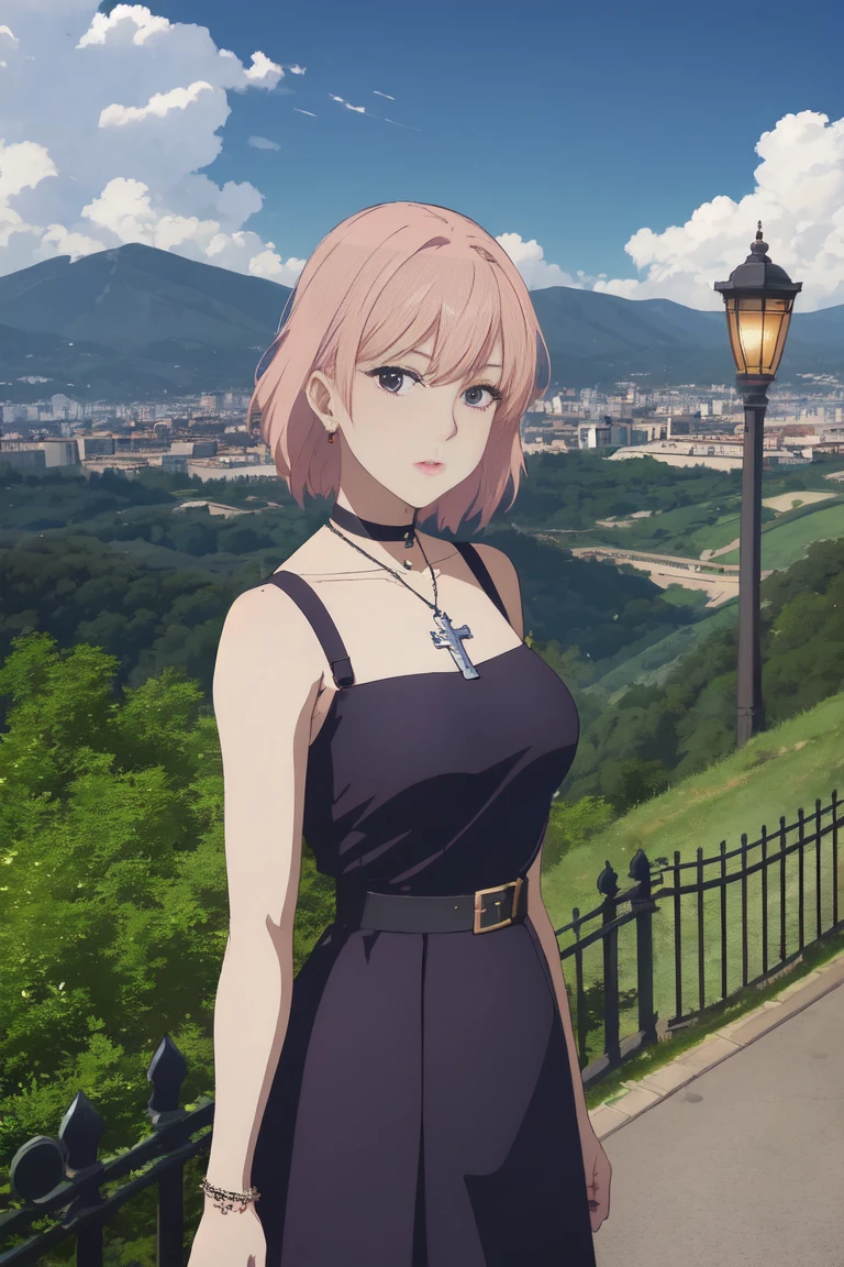 (masterpiece, best quality:1.2), 1girl, bare shoulders, breasts, choker, collarbone, cross, dress, jewelry, looking at viewer, necklace, parted lips, pink hair, purple dress, short hair, braided hair, sleeveless, big breasts, solo, tattoo, bangs, black choker, black dress, cross necklace, belt, sleeveless dress, medium hair, upper body, background with ((architecture, blue sky, building, bush, castle, city, cityscape, cloud, cloudy sky, day, fence, field, garden, grass, ground vehicle, hill, house, lamppost, landscape, mountain, mountainous horizon, nature, no humans, outdoors, palm tree, park, path, pavement, plant, road, rock, scenery, shrine, sky, skyline, skyscraper, street, tower, tree, tree shade, wall)), cowboy shot, anime, anime style