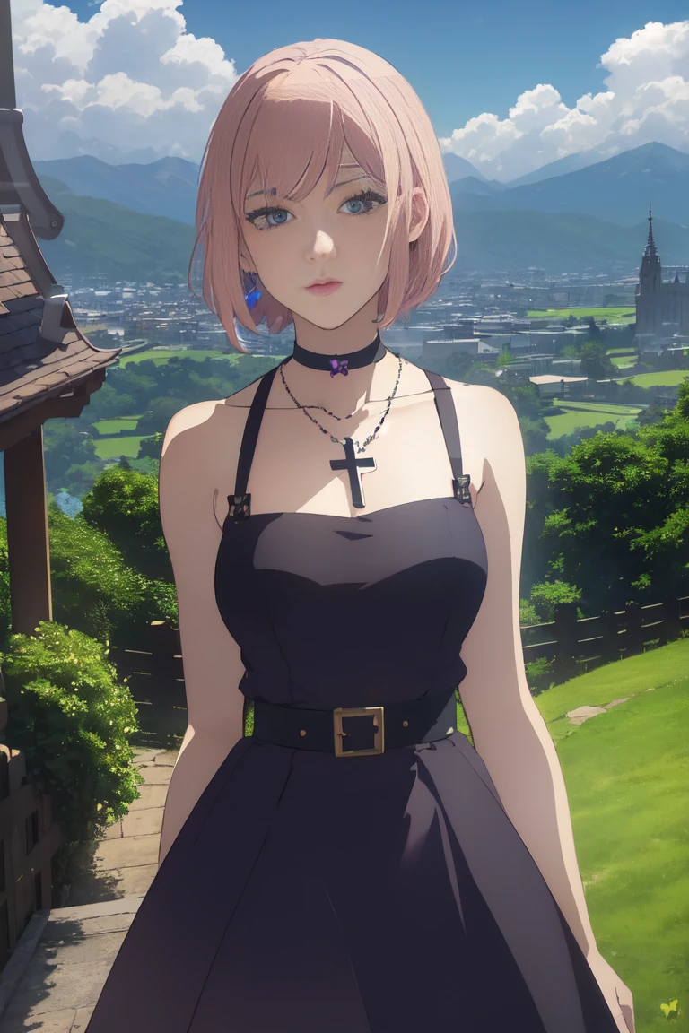 (masterpiece, best quality:1.2), 1girl, bare shoulders, breasts, choker, collarbone, cross, dress, jewelry, looking at viewer, necklace, parted lips, pink hair, purple dress, short hair, braided hair, sleeveless, big breasts, solo, tattoo, bangs, black choker, black dress, cross necklace, belt, sleeveless dress, medium hair, upper body, background with ((architecture, blue sky, building, bush, castle, city, cityscape, cloud, cloudy sky, day, fence, field, garden, grass, ground vehicle, hill, house, lamppost, landscape, mountain, mountainous horizon, nature, no humans, outdoors, palm tree, park, path, pavement, plant, road, rock, scenery, shrine, sky, skyline, skyscraper, street, tower, tree, tree shade, wall)), cowboy shot, anime, anime style