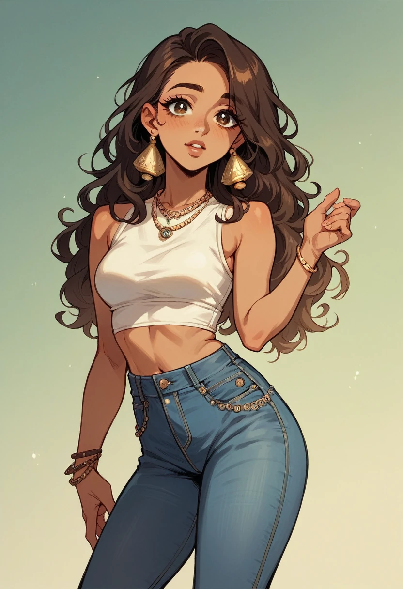 Woman with light brown skin, curly black hair, caramel eyes, wearing jeans and white crop top, gypsy traits