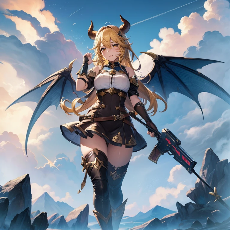 (Granblue Fantasy Style) ,(8K),(非Realistic),alone,One girl,Yellow Hair, Devil horns,Gradient Wing, Realistic, Highest quality, masterpiece, Super detailed, Ultra-high resolution,break (Outdoor),fly in the sky,moon,gun,View the viewer,Scary face