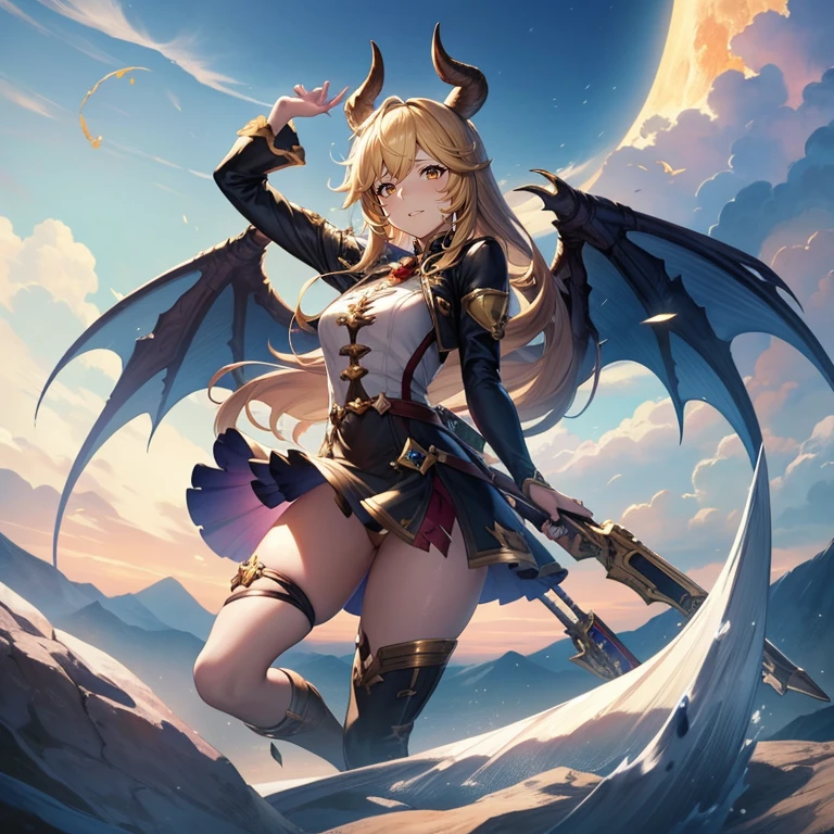 (Granblue Fantasy Style) ,(8K),(非Realistic),alone,One girl,Yellow Hair, Devil horns,Gradient Wing, Realistic, Highest quality, masterpiece, Super detailed, Ultra-high resolution,break (Outdoor),fly in the sky,moon,gun,View the viewer,Scary face