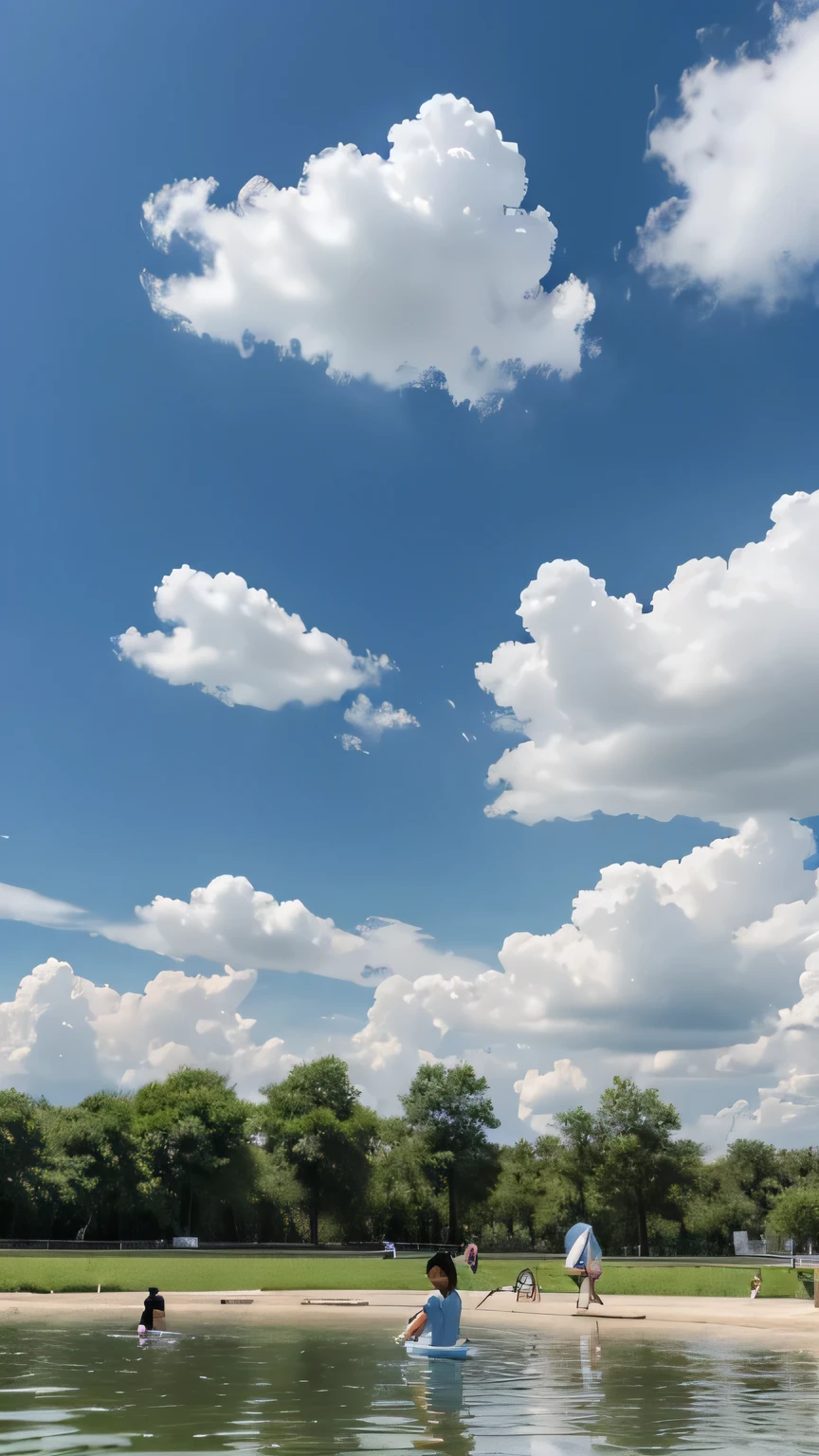 Picture upper blue sky and white clouds,There is a large area of white space in the middle,The proportion of children and adults from the lower classes playing in the streams is relatively small