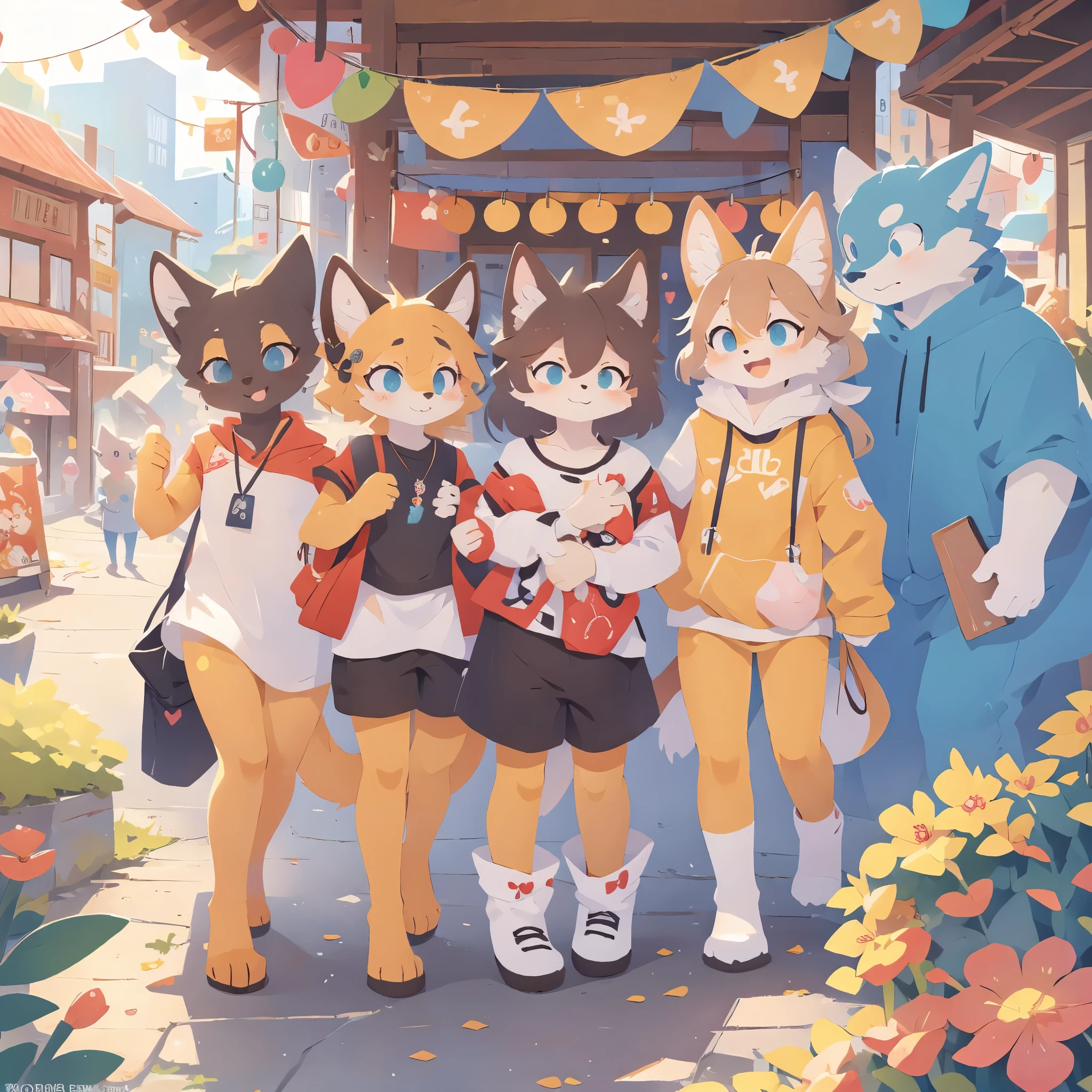 a group of cats and kittens, bunnies, dragons, dogs, foxes, and wolves are all grouped together, fursona art, furry art!!!, furry anime cartoon, very very beautiful furry art, furry fandom, lots of fur, fursona!!!!, toon, professional furry drawing, furry art, cute detailed artwork, furry convention, detailed fanart, fursona furry art commission, colorful seoul city, 