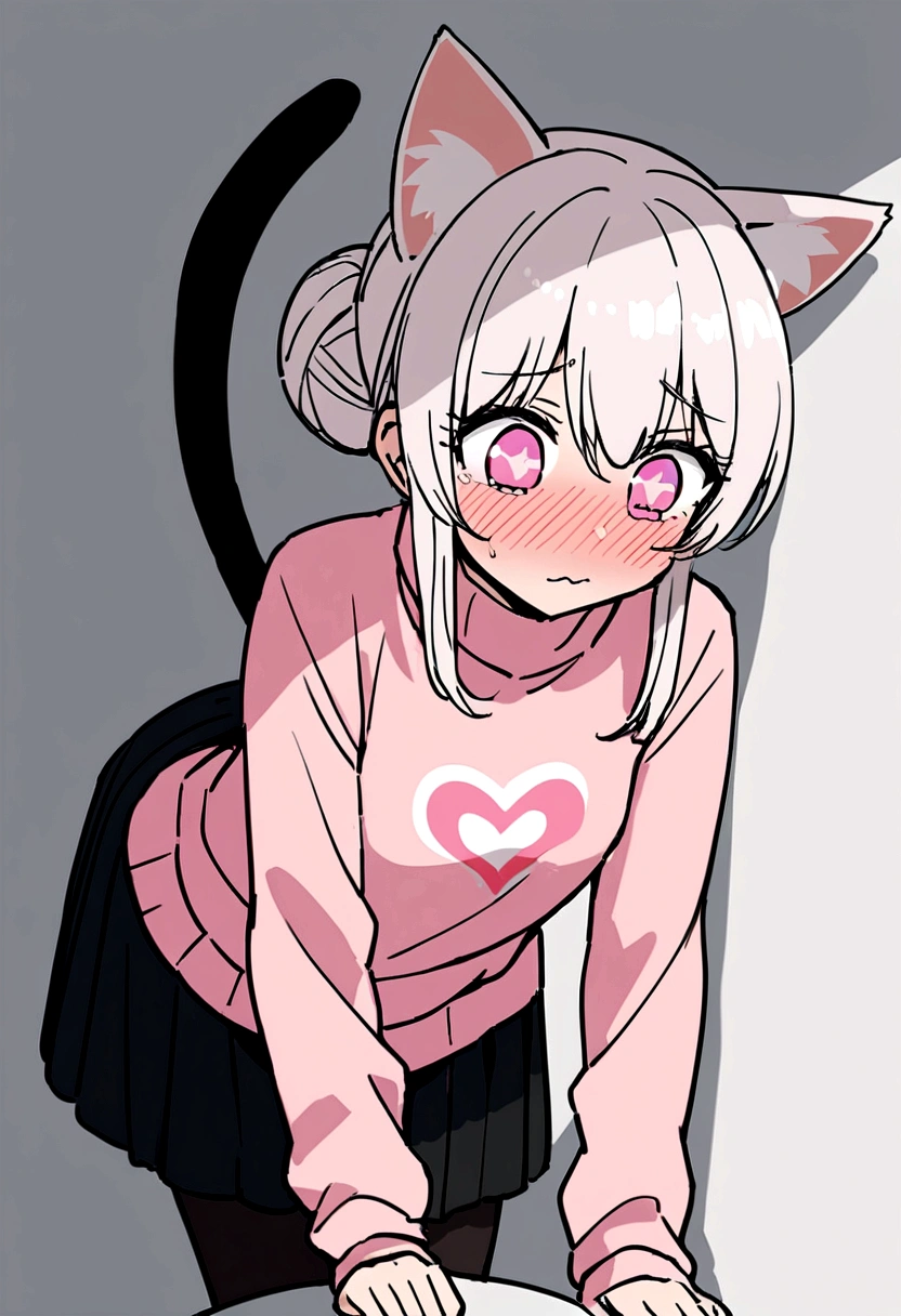 I have white pink hair, cat ears, a bun, my face is super blushing, black glasses, pink heart eyes, a big pink sweatshirt, a black skirt, black stockings, white shoes, a cat's tail, a girl. very shy that she is glued to a wall with her butt