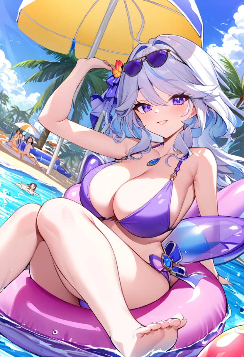 best aesthetic, 1girl, solo, long hair, breasts, looking at viewer, smile, bangs, very large breasts, really huge butt, big butt, swimsuit, cleavage, pink lipstick, kiss marks, outdoors, sky, day, bikini, cloud, tree, water, pedal, blue sky, purple bikini, pink pool float, inflatable butterfly wings, beach ball, sunglasses, palm tree, beachball, beach umbrella, ocean waves, a beautiful young woman wearing a purple bikini and sunglasses, lounging on a pool float in a sparkling blue pool. She is surrounded by tropical flowers and palm trees, and the scene is set against a backdrop of a bright blue sky with fluffy white clouds. The woman's pose is sexy and seductive as she has her beautiful feet stepping on a pink beach ball, enjoying the sunshine. The colorful flowers, pool float, and her bold purple bikini all contribute to the fun, summery vibe. The overall atmosphere is cheerful and lighthearted, capturing the essence of a perfect poolside day.
