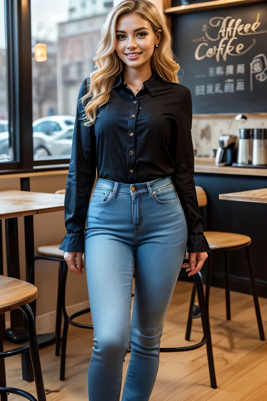 high quality,16K:1.1),((German women sitting on chairs in a coffee shop) 、(Full Body Shot:1.2),(),Blonde wavy hair、、ear piercing、smile、Beautiful teeth alignment、((Long sleeve blouse、Skinny jeans、短いブーツ)), ,(View your audience:1.3),The background is a coffee shop