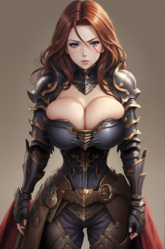 Masterpiece, detailed eyes, medium length red hair, blue eyes, black armour, big breasts, bursting breasts, armour, guantlets, shoulder armour, gbfBK