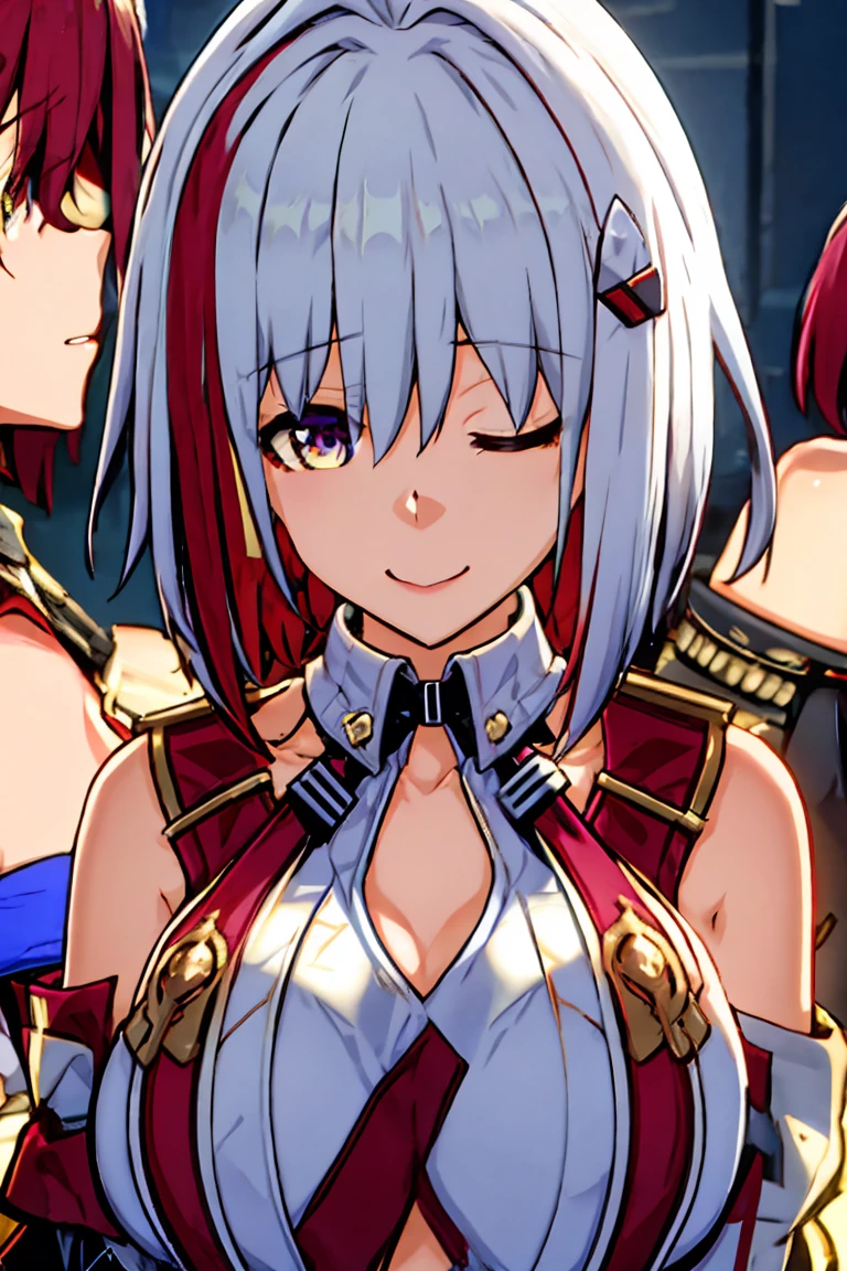 tuopa 1girl admiral graf spee \(azur lane\) bangs bracelet breasts gold eyes closed mouth cross detached sleeves dress eyebrows visible through hair hair between eyes hair ornament jewelry medium breasts multicolored hair necktie red hair short hair silver hair smile solo streaked hair upper body masterpiece 