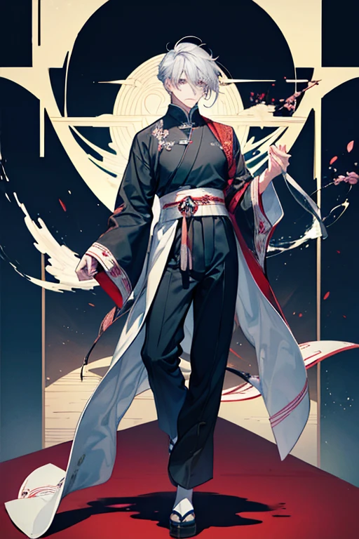 One Man、Standing man、Gray Hair、Curvy hairstyle、Shoulder-length hair、Wearing Japanese clothing、Wearing zori shoes