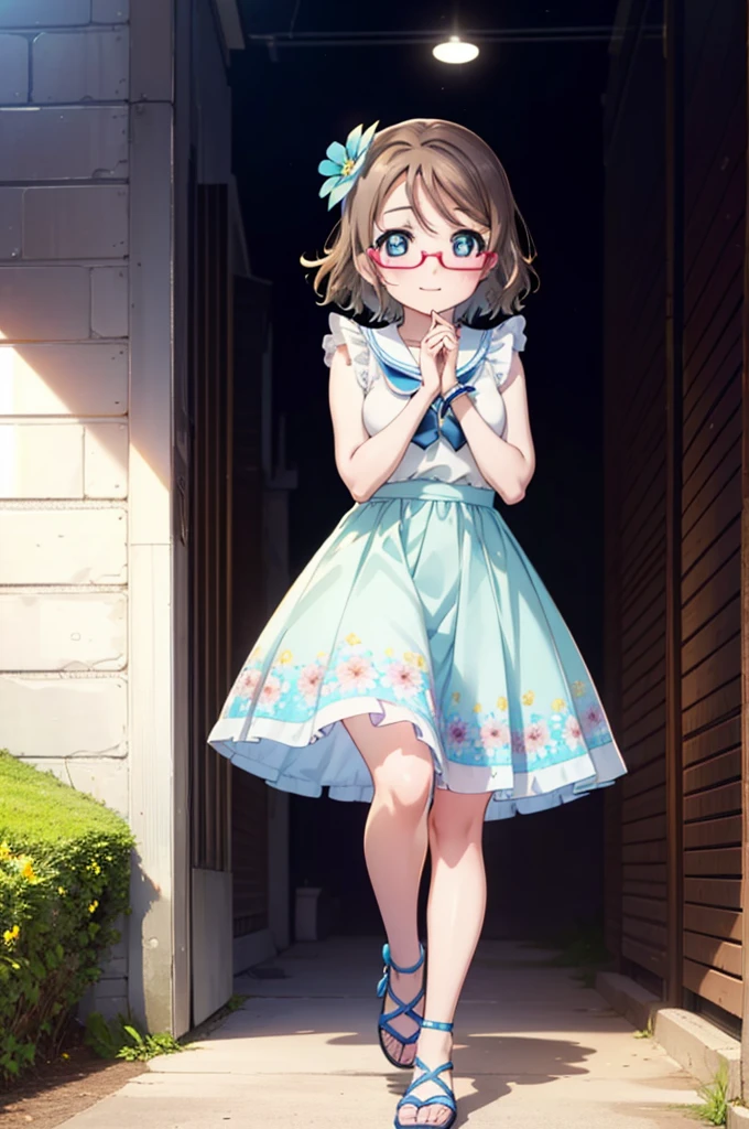 Yo Watanabe, Watanabe Yo, short hair, blue eyes, Brown Hair, smile, blush,Open your mouth,Flower Hair Ornaments,Black-rimmed glasses,Light blue sleeveless dress,Long skirt,Cute heeled sandals,Walking,Daytime,Clear skies,whole bodyがイラストに入るように
break outdoors, Building district,
break looking at viewer, whole body,
break (masterpiece:1.2), Highest quality, High resolution, unity 8k wallpaper, (figure:0.8), (Beautiful attention to detail:1.6), Highly detailed face, Perfect lighting, Highly detailed CG, (Perfect hands, Perfect Anatomy),