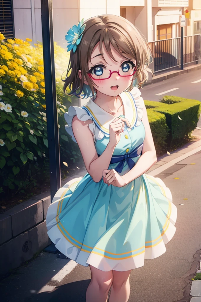 Yo Watanabe, Watanabe Yo, short hair, blue eyes, Brown Hair, smile, blush,Open your mouth,Flower Hair Ornaments,Black-rimmed glasses,Light blue sleeveless dress,Long skirt,Cute heeled sandals,Walking,Daytime,Clear skies,whole bodyがイラストに入るように
break outdoors, Building district,
break looking at viewer, whole body,
break (masterpiece:1.2), Highest quality, High resolution, unity 8k wallpaper, (figure:0.8), (Beautiful attention to detail:1.6), Highly detailed face, Perfect lighting, Highly detailed CG, (Perfect hands, Perfect ???????),