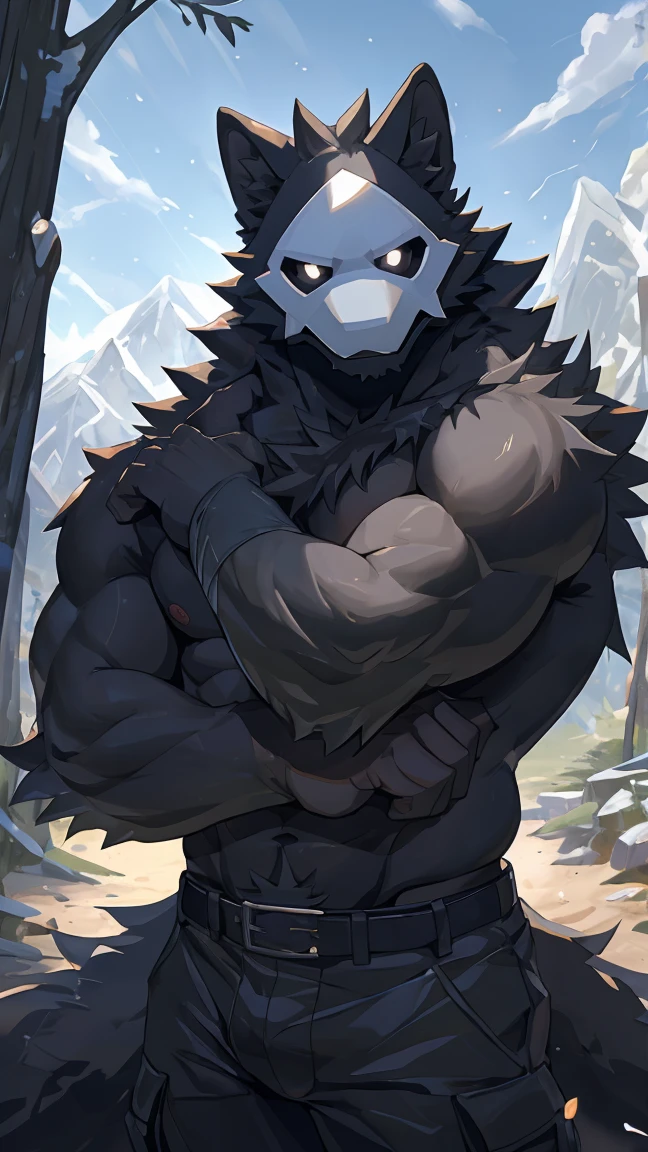 (furry_art), adult content, low-key light, by littleblackalas, NSFW, extremely_detailed, close up, drawing of puro (changed), (extremely detailed:1puro, mask, puro_(changed), fully_naked, adult), (dynamic posture: 1.5) anthro_wolf, boxer briefs, giant bulge, (HardVPL), naked, no_clothes, open_mouth, black_chest hair, black_colored_full_body, tiny_head, bara, broad_shoulders, bare shoulders, large_body, tail, very long legs, long arms, very tall, black_musculine_body, black_male_nipples, large_black_chest, black_abs, exposed_upper_body, exposed_lower_body, shirtless, (hands behind head: 1.3), low camera angle, front_view_pov, open_legs, close_up_shot, warm_lighting, light_flare, volumetric_light, forest, trees, Male focus, Best quality, midsummer, depth of field, (by null-ghost,by raccoon21)