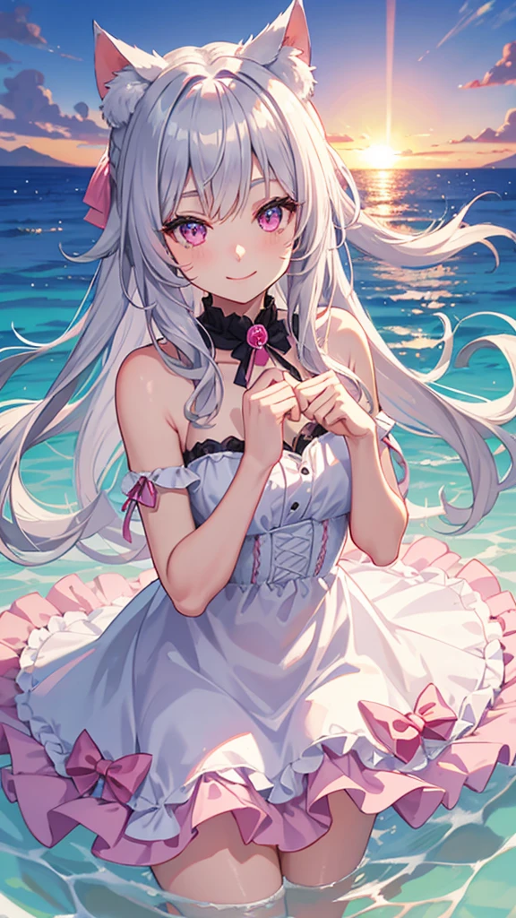 Medium chest,pretty girl,smile,Cat ear, Beautiful silver hair,Pink inside,Beautiful pink eyes,White dress,sea,sunrise,ice