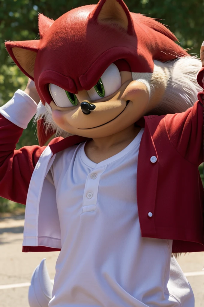 Sonic red with a white shirt