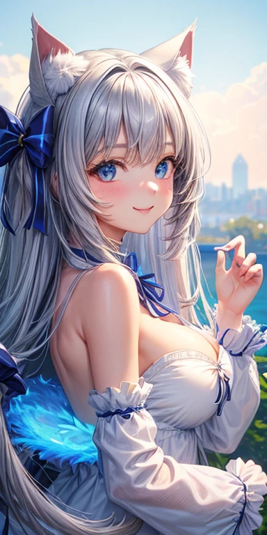 (hi reasterpiece)) , ((best quality)), illustration, furry,
cat, animal ears, tail, bodyfur, 1girl, POV, upper body, 1girl, solo, long hair, gray hair, *//*, blue eye, *//*, white blouse, looking at viewer, smile,also 18. And got huge nude