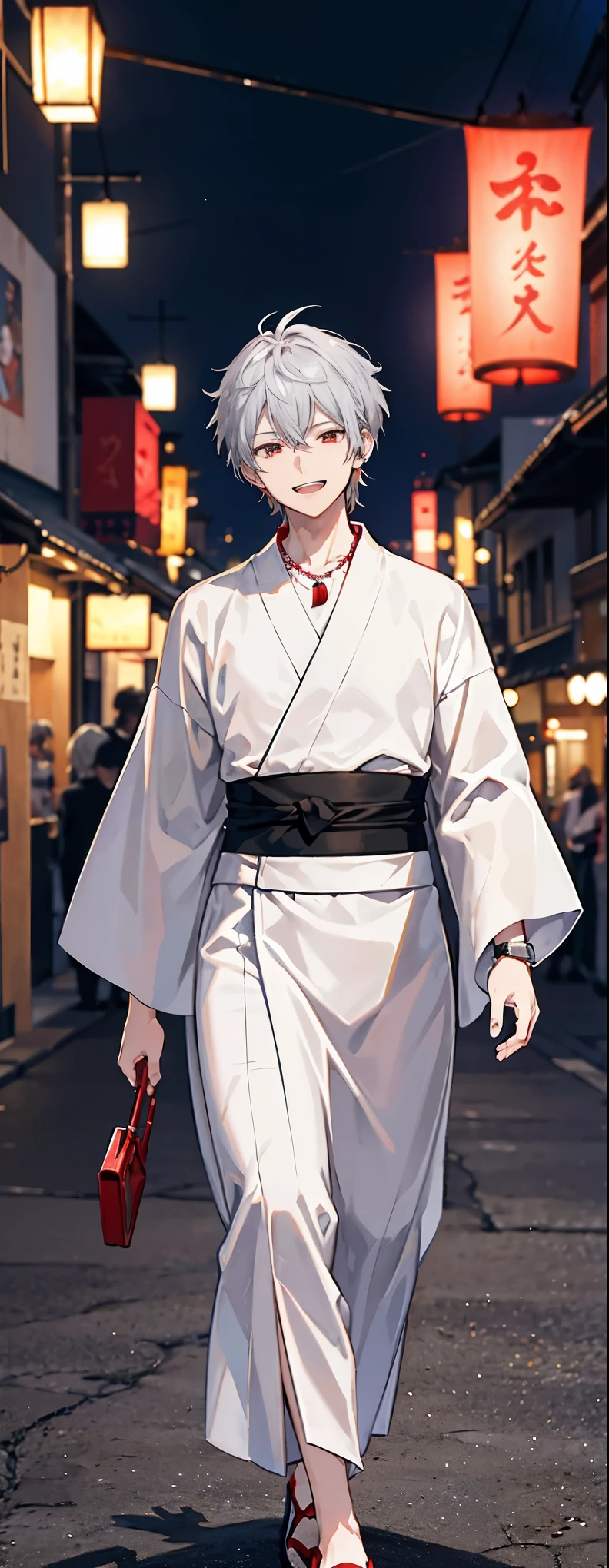 High resolution, High resolution,2D Anime Style,,Cool guy,Mature,,20th generation,short hair,Silver Hair,Red eyes,Beautiful Watches,Beautiful earrings,Beautiful Necklace,Black yukata,He is laughing a little,night,walking,festival