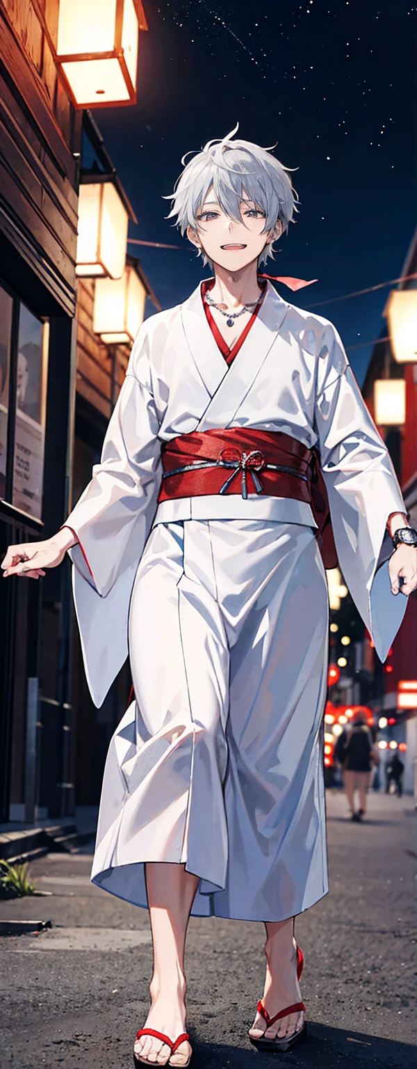 High resolution, High resolution,2D Anime Style,,Cool guy,Mature,,20th generation,short hair,Silver Hair,Red eyes,Beautiful Watches,Beautiful earrings,Beautiful Necklace,Black yukata,He is laughing a little,night,walking,festival
