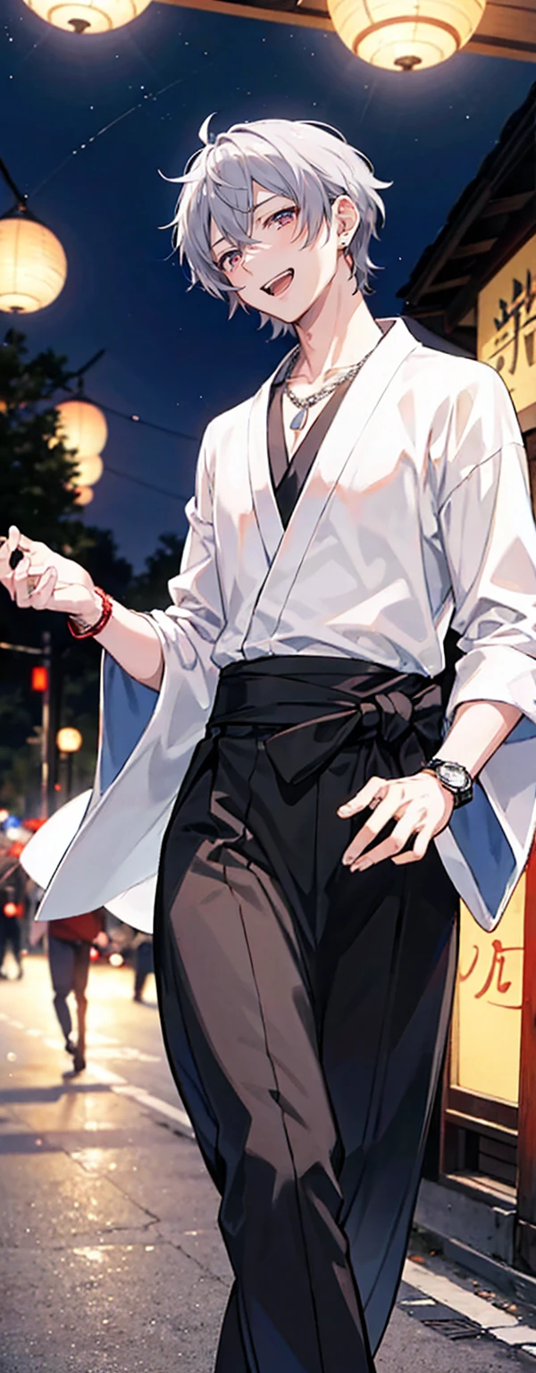 High resolution, High resolution,2D Anime Style,,Cool guy,Mature,,20th generation,short hair,Silver Hair,Red eyes,Beautiful Watches,Beautiful earrings,Beautiful Necklace,Black yukata,He is laughing a little,night,walking,festival