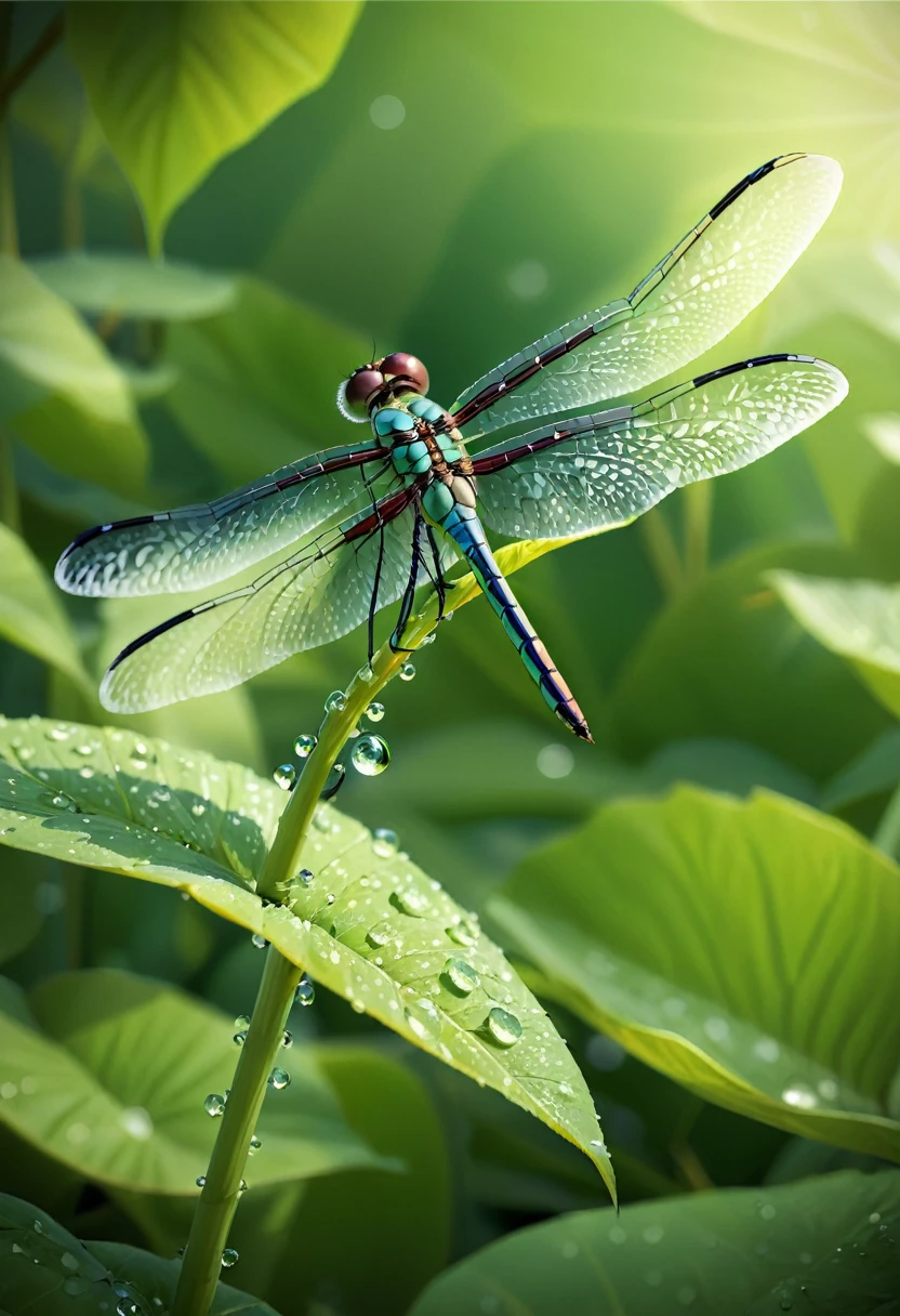 debtull body photo of a dragonfly sitting on a leaf, Dewdrops, Soft Ray Tracing, Intricate details, Crazy Details, 8K, Summer atmosphere, ultra-Realistic hair, redebtlections, debt/11, 8K, Cinematic, Realistic, Natural shots, National Geographic Award Winner,32k.