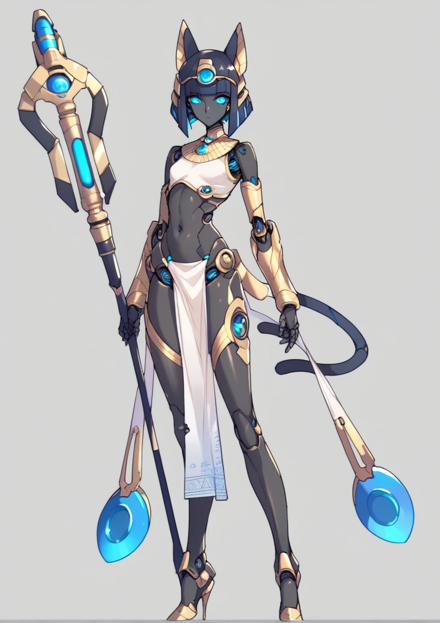 1girl, animal ears, black hair, black skin, blue hair, cat ears, colored skin, egyptian, full body, gold trim, grey background, high heels, holding, holding staff, humanoid robot, joints, mechanical hair, pelvic curtain, robot, robot girl, robot joints, solo, staff, standing, score_9, score_8_up, score_7_up, score_6_up, score_5_up, score_4_up, BREAK source_anime, masterpiece