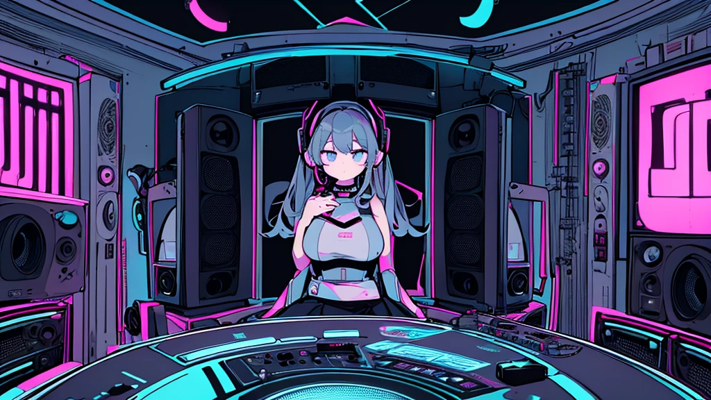 Best quality, (masterpiece), best detail face,1 girl, big breasts, 18 yo, 8k,absurdres,unity 8k wall paper,(extremely detailed:1.3), highest realistic, (retro headphones:), (soft neon light:), (psychedelic), Her room full of music equipment and records, sports wear , See the whole room , dark grey color pallet
