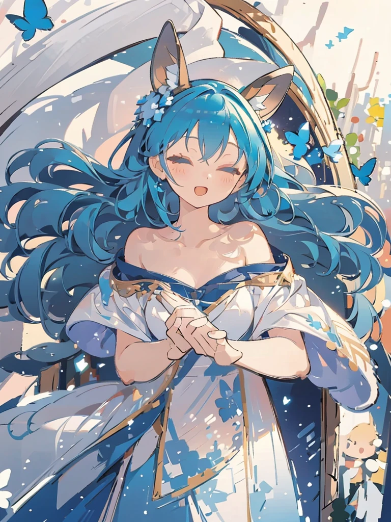 bust-up, 1girl, tosca blue hair, butterfly picking up strands of hair, blue flower, deer ears, white deer antlers, elegant white dress, happy expression, splash cool background, solo, sketch, portrait, dynamic pose