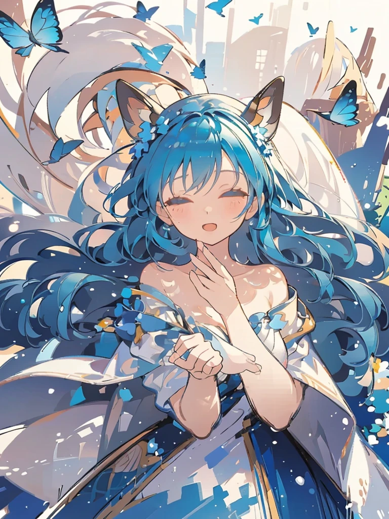 bust-up, 1girl, tosca blue hair, butterfly picking up strands of hair, blue flower, deer ears, white deer antlers, elegant white dress, happy expression, splash cool background, solo, sketch, portrait, dynamic pose