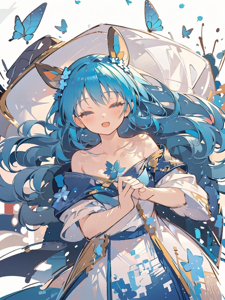 bust-up, 1girl, tosca blue hair, butterfly picking up strands of hair, blue flower, deer ears, white deer antlers, elegant white dress, happy expression, splash cool background, solo, sketch, portrait, dynamic pose