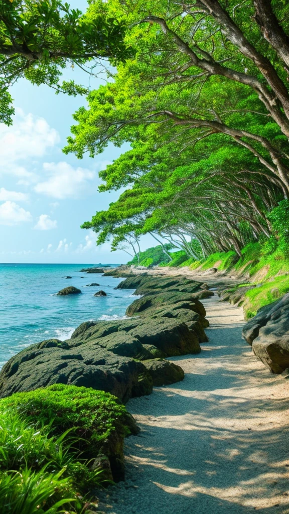 there is a picture of a beach with rocks and water, beautiful ocean, beautiful sea landscapes, a path in the woods leading to a path through the woods, a picture by Karl Völker, shutterstock, naturalism, peaceful lushious forest, lush green forest, green forest, lush green deep forest, forest trees, path into lush forest, wooded environment, path through a dense forest, lush forest, forest path, in serene forest settinghd wallpaper, calm ocean landscape, beatiful backgrounds, ocean background, magnificent background, magical beach, stunning screensaver, beautiful wallpaper, azure ocean, beautiful dreamy breathtaking, azure waves of water, crystal clear sea, amazing depth, beautiful beach, wallpaper hd, seashore
