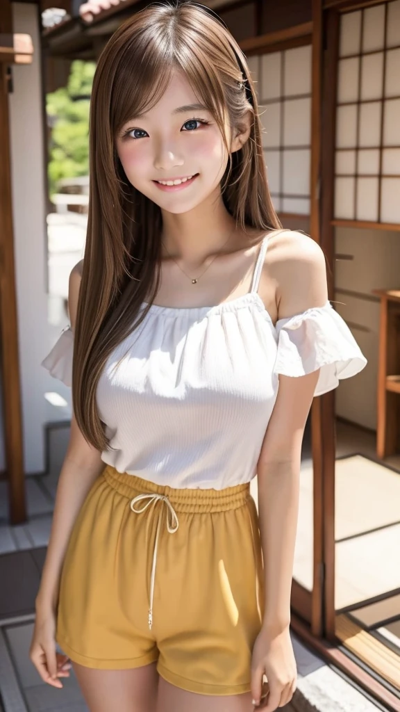 Best Pixels、Highest quality、Highest quality、One Woman、Young Japanese Woman、20th generation、Long Hair、Brown Hair、summer、Shorts、Tight Skirt、Sexy pose、Beautiful round eyes、smile、beauty、Large Breasts、Brushing your hair、Beautiful legs