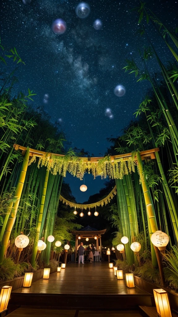 “Create a high-resolution fantasy image of the Japanese festival Tanabata. The scene should feature a night sky filled with sparkling stars and the Milky Way as a backdrop. In the foreground, depict tall bamboo trees adorned with colorful paper decorations and wishes, known as tanzaku, fluttering gently in the breeze. Add a touch of magic by incorporating glowing orbs or ethereal lights among the bamboo leaves. The overall atmosphere should be serene and enchanting, capturing the mystical essence of this traditional celebration.”
