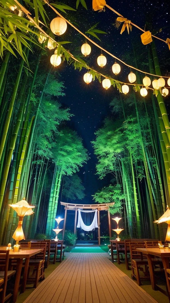 “Create a high-resolution fantasy image of the Japanese festival Tanabata. The scene should feature a night sky filled with sparkling stars and the Milky Way as a backdrop. In the foreground, depict tall bamboo trees adorned with colorful paper decorations and wishes, known as tanzaku, fluttering gently in the breeze. Add a touch of magic by incorporating glowing orbs or ethereal lights among the bamboo leaves. The overall atmosphere should be serene and enchanting, capturing the mystical essence of this traditional celebration.”