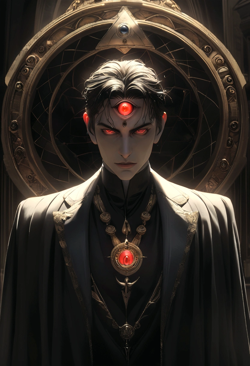 Elegant man, with features inspired by Dr. Strange and Alucard de Hellsing, with a Masonic or Egyptian symbol of a 'third eye' on his forehead that glows subtly.