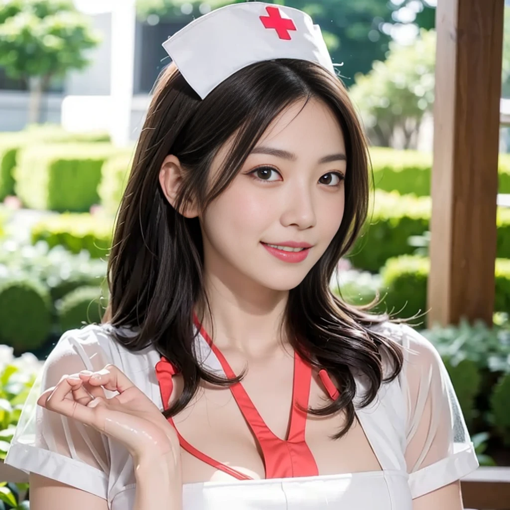 ((Mature woman standng in a garden)),((see through nurse without hat:1.3)). 40k, Photography, masutepiece, Best Quality, dark grey background, ((Mature Women, waifu, mami, A MILF)), ((voluptuous breasts)), Perfect face, perfect ,  ((One girl with brown eyes and gorgeous bright black hair)). a Pretty Japanese woman，wet hair look, completely soft chest and white skin,, ((Very soft breasts)). Ultra-detailed face, Detailed eyes, embarrassed, Smile, Summer, nightime,  side body view,  