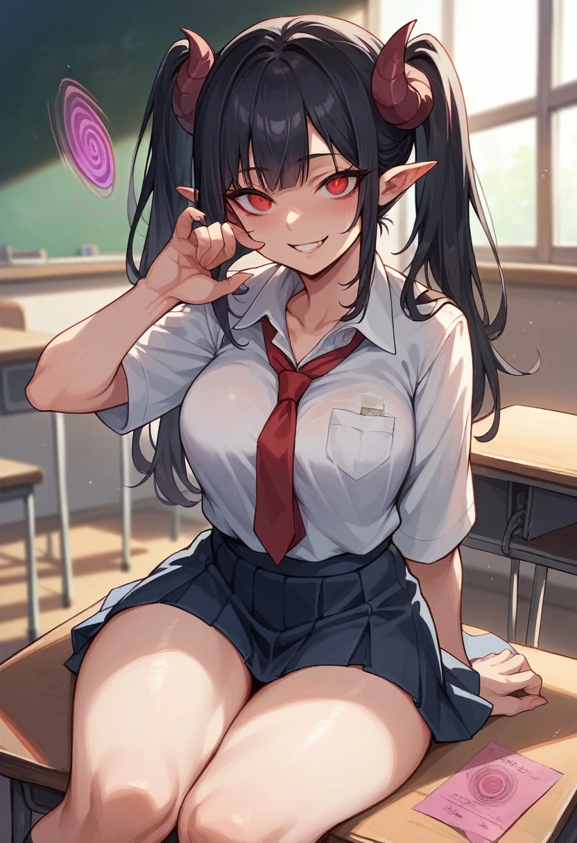 2 Cheerleaders, black hair, seductive smile, red eyes, in classroom, mind control by succubus