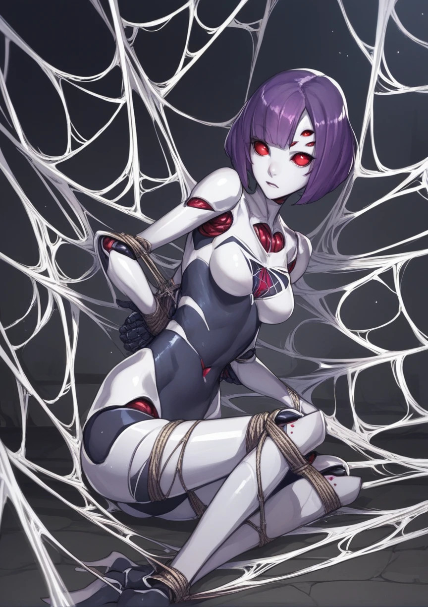 1girl. spider girl, monstergirl, robot, non-humanoid robot, robot spider, bound torso, short hair, purple hair, six eyes, red eyes, multiple eyes, spider web, indoors, cave score_9, score_8_up, score_7_up, score_6_up, score_5_up, score_4_up, BREAK source_anime, masterpiece