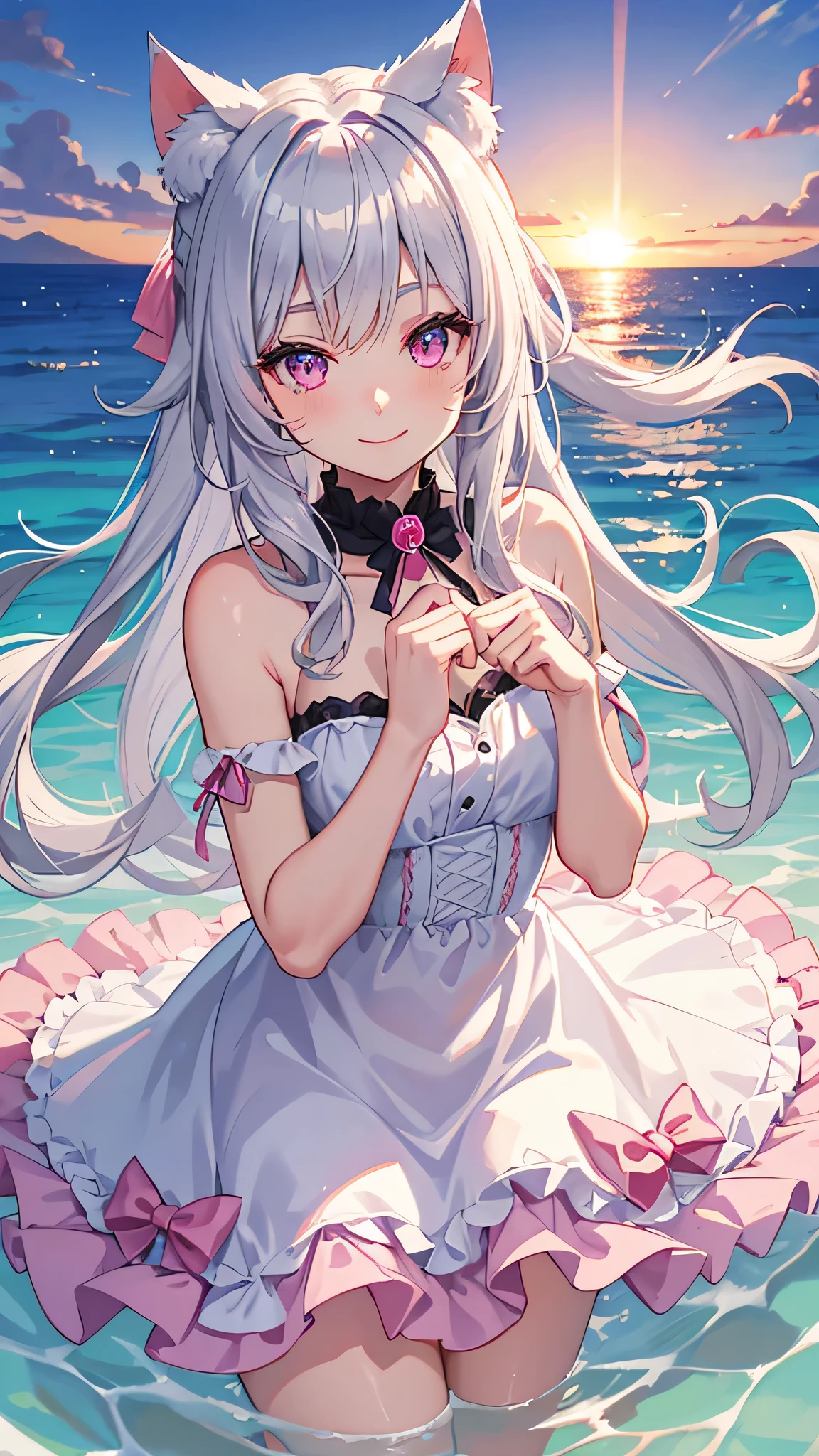 Medium chest,pretty girl,smile,Cat ear, Beautiful silver hair,Pink inside,Beautiful pink eyes,White dress,sea,sunrise,ice