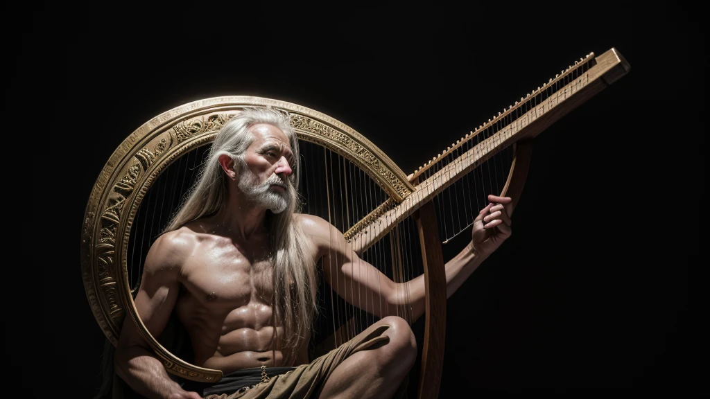 ancient man playing a harp on a dark background