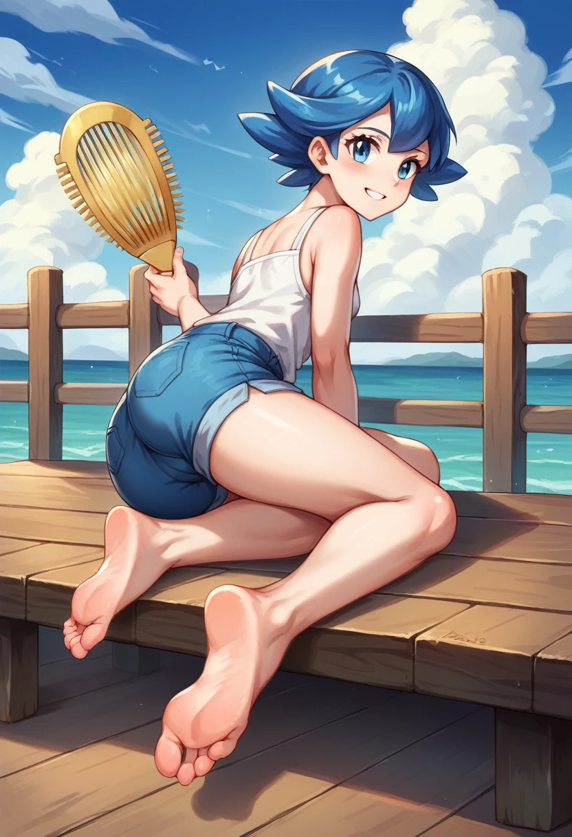 Masterpiece, Best Quality, high resolution, pier and sea in the background, A girl, alone, blue eyes, short hair, sky blue, blue bangs,funny look, sitting on the dock, smiling, work (pokemon), (golden comb in hair), the White shirt, bare shoulders, blue pants, legs stretched and apart, barefoot, soles colgando , head on, (soles), (view from the ground up) pies head on