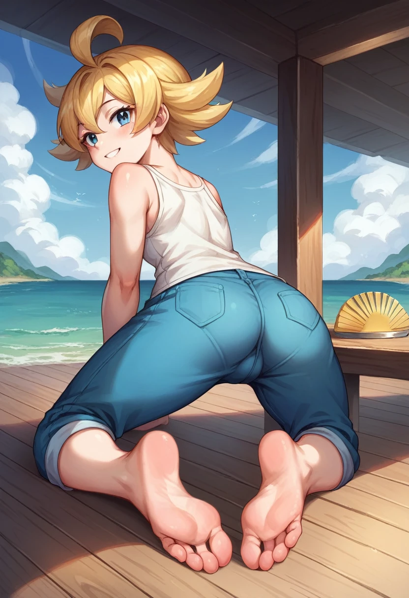 Masterpiece, Best Quality, high resolution, pier and sea in the background, A girl, alone, blue eyes, short hair, sky blue, blue bangs,funny look, sitting on the dock, smiling, work (pokemon), (golden comb in hair), the White shirt, bare shoulders, blue pants, legs stretched and apart, barefoot, soles colgando , head on, (soles), (view from the ground up) pies head on